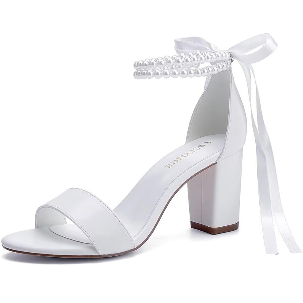 Elegant White Heeled Sandals with Pearl Ankle Strap